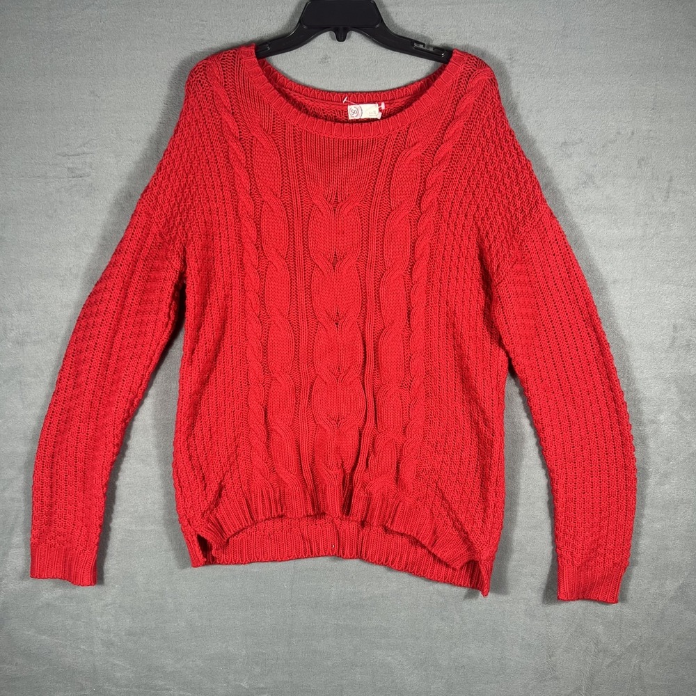 SO Heritage Women's Red Cable Knit Sweater XL Long Sleeve Crew Neck Acrylic